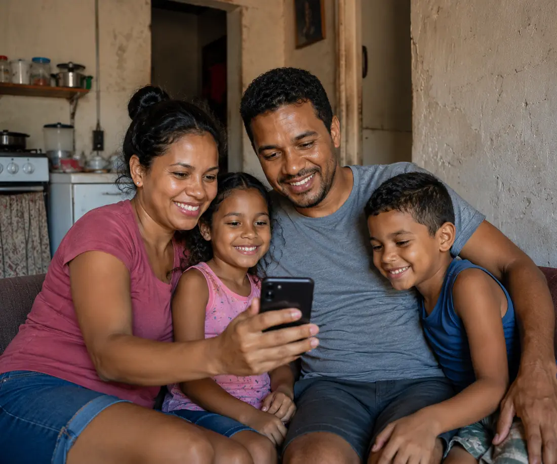 Família brasileira sorrindo enquanto usa o celular em casa